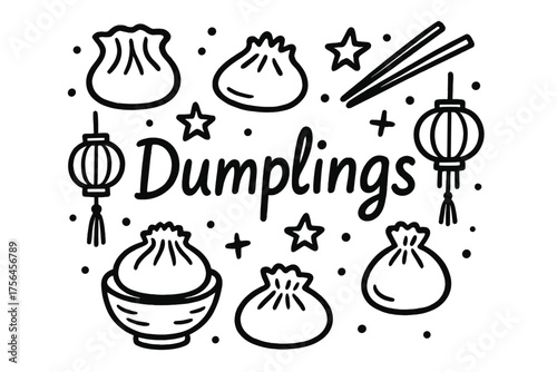 Dumplings with Stars. Doodle chinese dumplings with stars, chopsticks, and lanterns, center word “Dumplings” in black and white