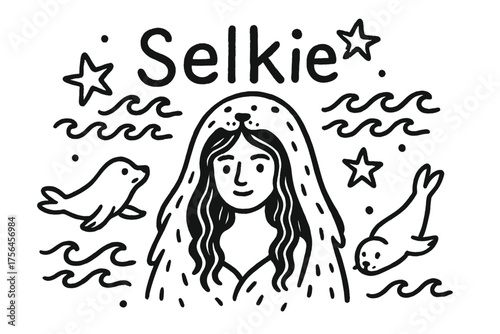 Selkie Doodle Art. Doodle selkie with stars, waves, and seals, center word “Selkie” in black and white isolated transparent