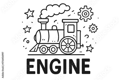 Doodle Steam Engine. Doodle steam engine with stars, gears, and smoke, center word “Engine” in black and white isolated