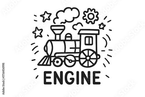 Doodle Steam Engine. Doodle steam engine with stars, gears, and smoke, center word “Engine” in black and white isolated