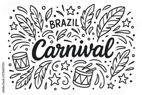 Carnival Doodle Art. Doodle brazil carnival with stars, feathers, and drums, center word “Carnival” in black and white isolated