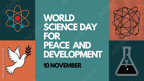 Vector art of world science day for peace and development celebrated on november 10 with scientific symbols and a dove of peace
