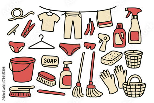 Laundry Icon Doodle Set. Clothesline doodle icon set: hand drawn icons of rope, peg, shirt, pants, socks, towel, underwear, clip,
