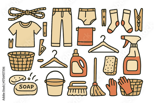Laundry Icon Doodle Set. Clothesline doodle icon set: hand drawn icons of rope, peg, shirt, pants, socks, towel, underwear, clip,