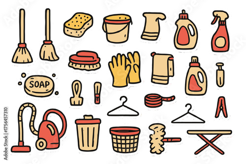 Household Chores Icon Set. House chores doodle icon set: hand drawn icons of broom, mop, sponge, bucket, spray, soap bar, brush,