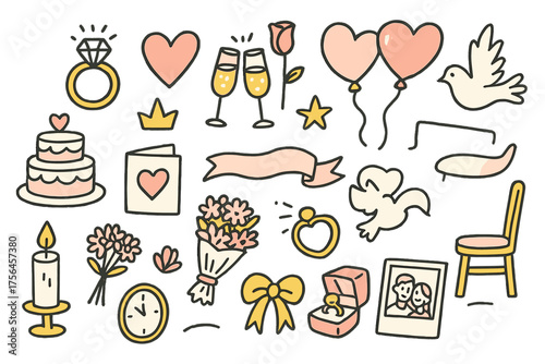 Engagement Doodle Icons. Engagement doodle icon set: hand drawn icons of ring, heart, champagne, rose, cake, balloons, star, crown