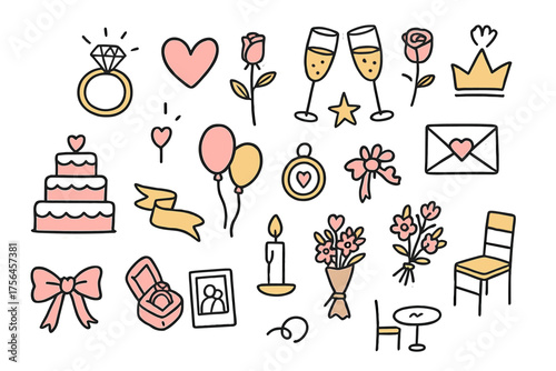 Engagement Doodle Icons. Engagement doodle icon set: hand drawn icons of ring, heart, champagne, rose, cake, balloons, star, crown