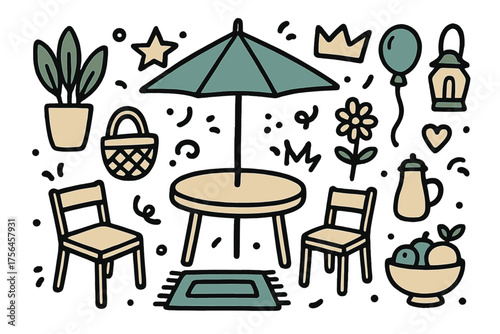 Patio Doodle Icons. Laundry room doodle icon set: hand drawn icons of washing machine, basket, detergent, towel, iron, rope, peg,