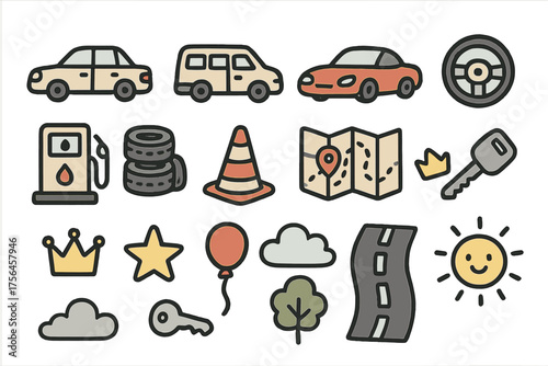 Car Doodle Icon Set. Laundry room doodle icon set: hand drawn icons of washing machine, basket, detergent, towel, iron, rope, peg,