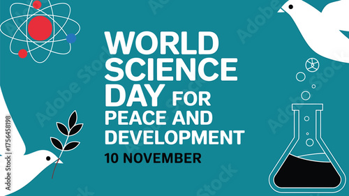Vector art of world science day for peace and development celebrated on november 10 with symbols of science, peace, and progress