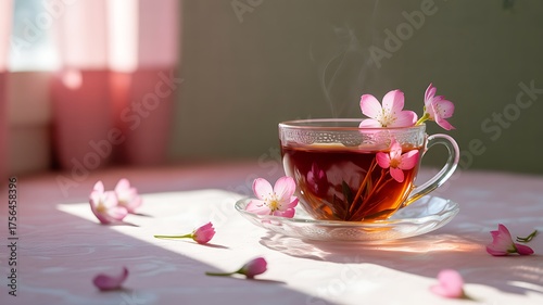 Clear glass teacup filled with amber tea and pink flowers, delicate morning light
