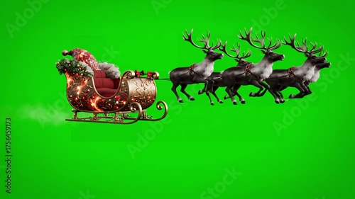 Green Screen santa sleigh flies front alpha matte christmas reindeer night 3d rendering animation 4k scene 3 with distortion, overlay, glitch, static noise, scan lines on black background, animated