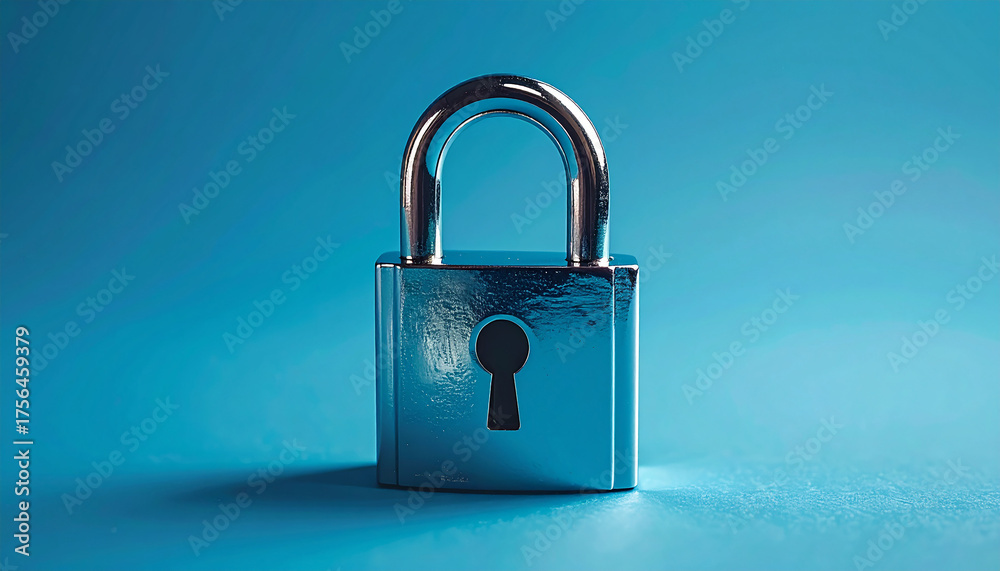 Fototapeta premium Shiny metal padlock on smooth blue background, metallic surface, modern security concept.