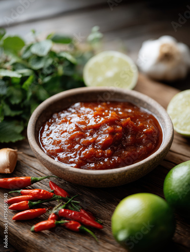 Close-up of traditional Korean gochujang chili paste served in a rustic ceramic bowl with fresh chili peppers, garlic, lime, and herbs on a wooden table. Ideal for culinary blogs, recipes, magazines.
