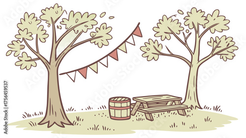 whimsical hot air balloon landscape with bunting and mushrooms isolated on white background.