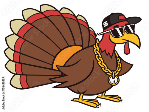 hip-hop turkey in shades and gold chain isolated on white background.