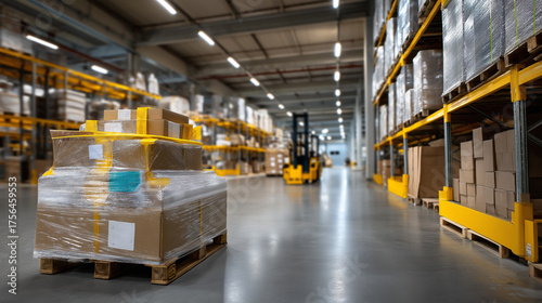 Professional warehouse imagery — multiple pallets aligned along aisle, one in focus showing clear wrapping and balanced stack, bright overhead lighting, with copy space.