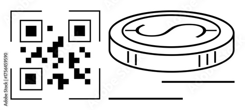 QR code alongside a coin, symbolizing digital payment, cryptocurrency, and e-commerce. Ideal for fintech, blockchain, transactions, online business, virtual wallet scanning simple flat metaphor
