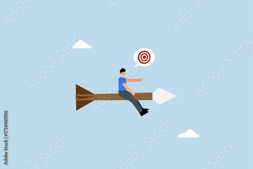 Aiming for target, self assured entrepreneur on dartboard targeting his goal