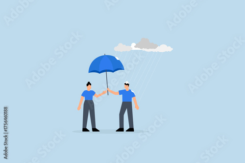 considerate entrepreneur provides an umbrella to shield woman
