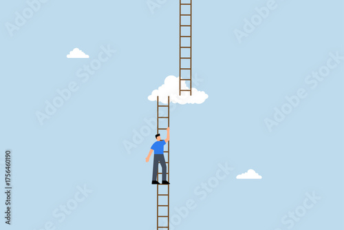 Progress to next level, driven entrepreneur ascending the ladder to cloud heights to achieve the next tier