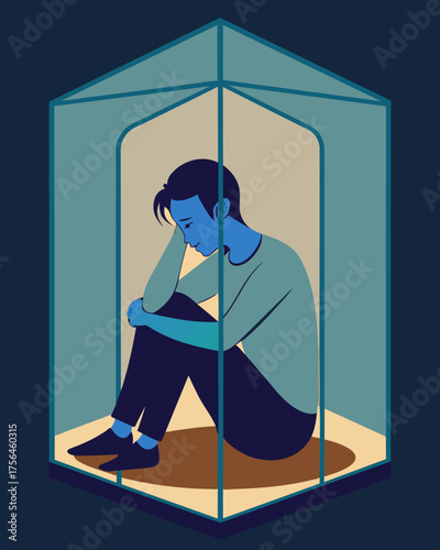 A person sitting inside a glass box unable to escape their own mind with the words Mental Cage etched on the surface.. Vector illustration