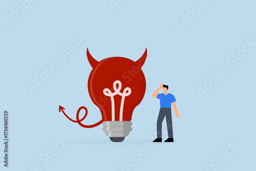 Bad idea cause problem and failure, perplexed entrepreneur staring at evil lightbulb questioning it a poor choice