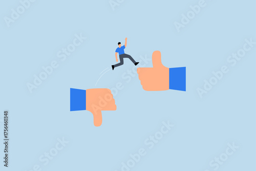 transform to better opportunity, bravery entrepreneur leaping from thumb down to thumb up