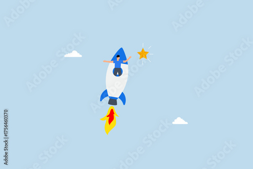 Innovation to help or support work success, Entrepreneur speeding swiftly on a rocket to reach a golden star