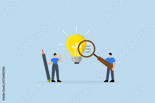 Business viability checking, entrepreneur using magnifying glass examines lightbulb concept