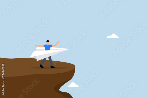 Try new idea start new business, entrepreneur sprinting with a paper origami plane for its initial flight