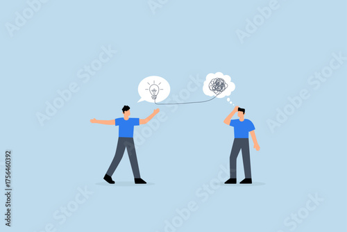 Problem solving skill to think of solution, perplexed entrepreneur with disorganized thoughts while others provide brilliant solutions
