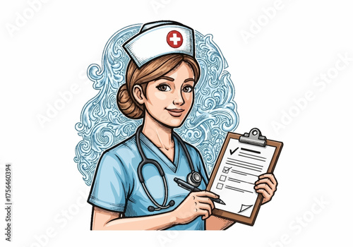 Nurse holding clipboard and pen with stethoscope around neck.