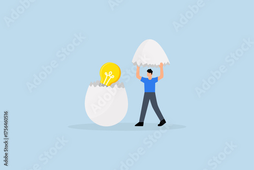 New creative idea, businessman entrepreneur finds incubating egg containing bright idea within