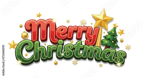 Vector illustration of merry christmas text with christmas tree, star and snowflakes, festive holiday greeting