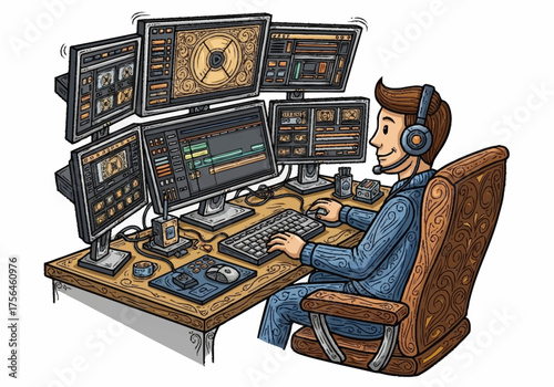 Man working on multiple computer screens with headphones on.