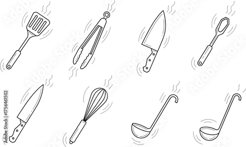 Hand-drawn kitchen utensils, perfect for culinary designs and more