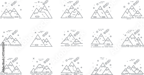 Collection of mountain ranges with shooting stars in the dark