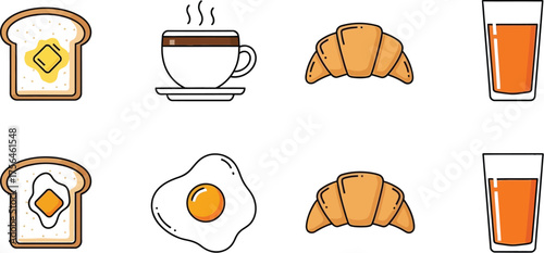  Toast with butter and egg, a cup of coffee, a croissant, and orange juice