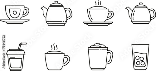 Collection of various beverages in outline style, including tea and coffee