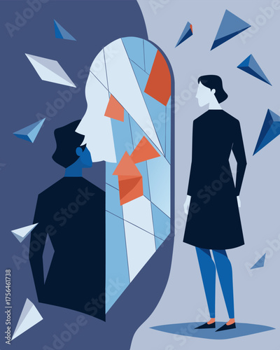 A person looking at their reflection in a broken mirror with each shard reflecting a different version of themselves highlighting the fractured nature of cognitive dissonance.. Vector illustration