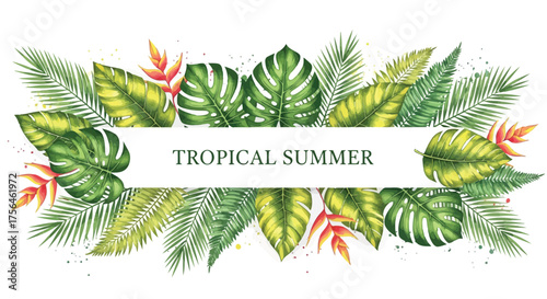 Vector illustration of tropical summer banner with lush green palm leaves and exotic flowers, with text space