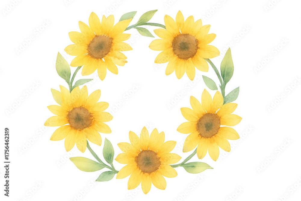 Fototapeta premium Watercolor sunflower wreath creating a frame with yellow flowers and green leaves on transparent background