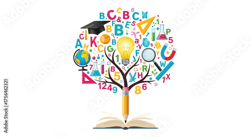 Vector illustration of tree of knowledge with books, lightbulb, letters, numbers, and school supplies