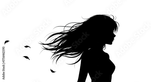 Woman Silhouette with Hair and Leaves Blowing in the Wind