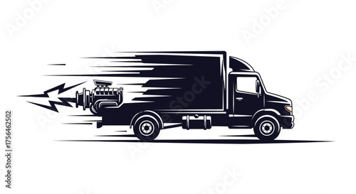 Vector illustration of fast delivery truck with engine exhaust and motion lines