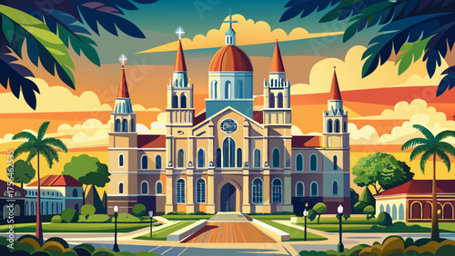 Very beautiful Cathedral-Basilica of the Immaculate Conception in Mobile, Alabama, USA, featuring elegant twin towers, neoclassical architecture, arched windows, and serene surroundings under a clear 