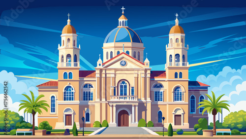 Very beautiful Cathedral-Basilica of the Immaculate Conception in Mobile, Alabama, USA, featuring elegant twin towers, neoclassical architecture, arched windows, and serene surroundings under a clear 