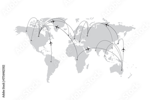 World map with airplane routes and connection lines. Ideal for travel, logistics, and global business design.