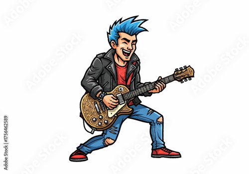 Punk Rock Guitarist Playing Electric Guitar with Blue Spiky Hair.